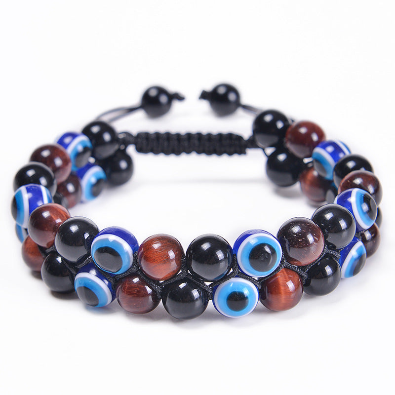 Evil Eye Tiger's Eye and Hematite Double-Layer Braided Bracelet with Natural Stones