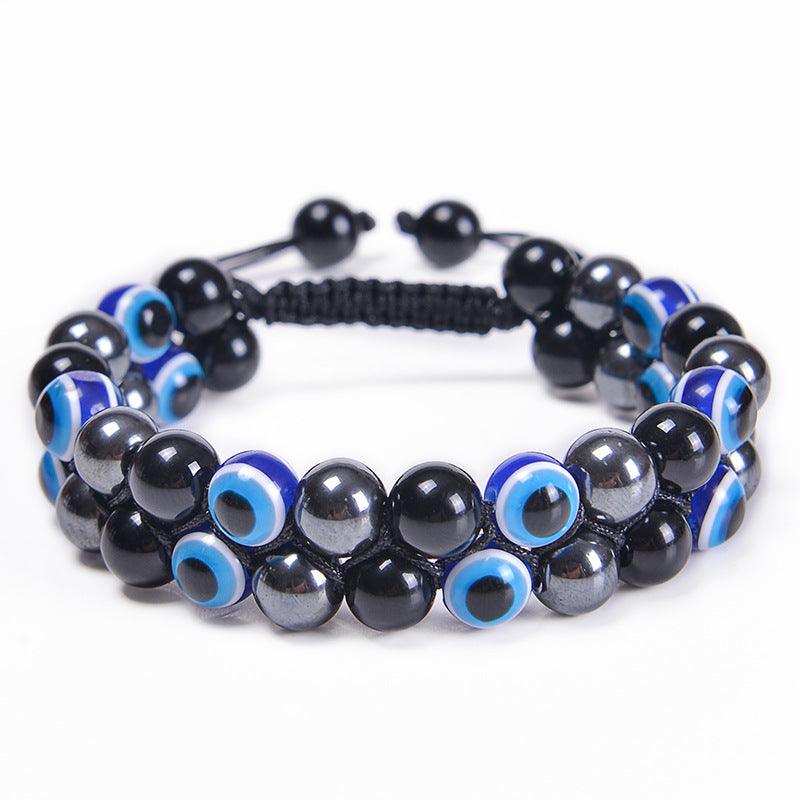 Evil Eye Tiger's Eye and Hematite Double-Layer Braided Bracelet with Natural Stones - Oriental Culture Shop