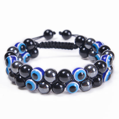 Evil Eye Tiger's Eye and Hematite Double-Layer Braided Bracelet with Natural Stones