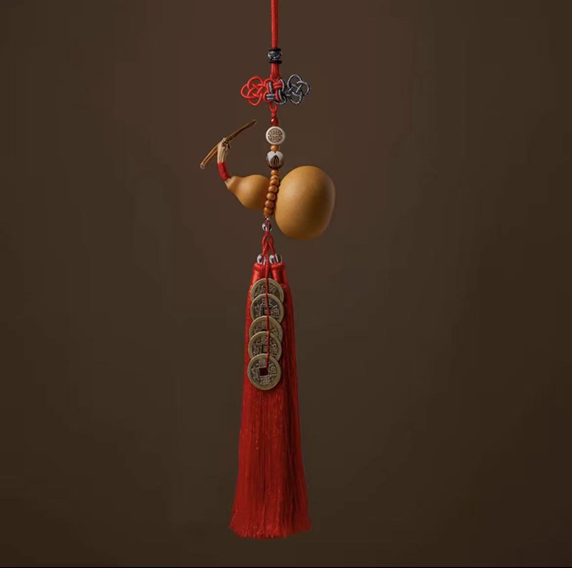 Natural Gourd with Five Emperors Coins Car Hanging Decoration for Rearview Mirror - Ensure Safe Journeys for All