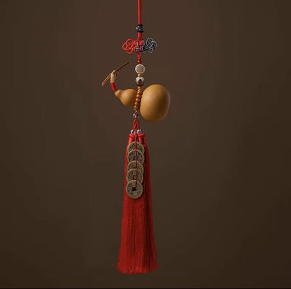 Natural Gourd with Five Emperors Coins Car Hanging Decoration for Rearview Mirror - Ensure Safe Journeys for All