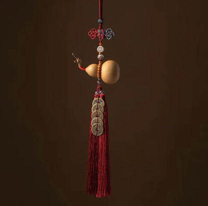 Natural Gourd with Five Emperors Coins Car Hanging Decoration for Rearview Mirror - Ensure Safe Journeys for All