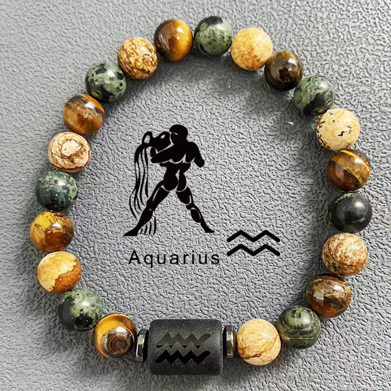 Natural obsidian, fire element, earth element in FengShui, twelve Constellations theme bracelet, Tiger Eye stone, beaded bracelet Oriental Culture Shop