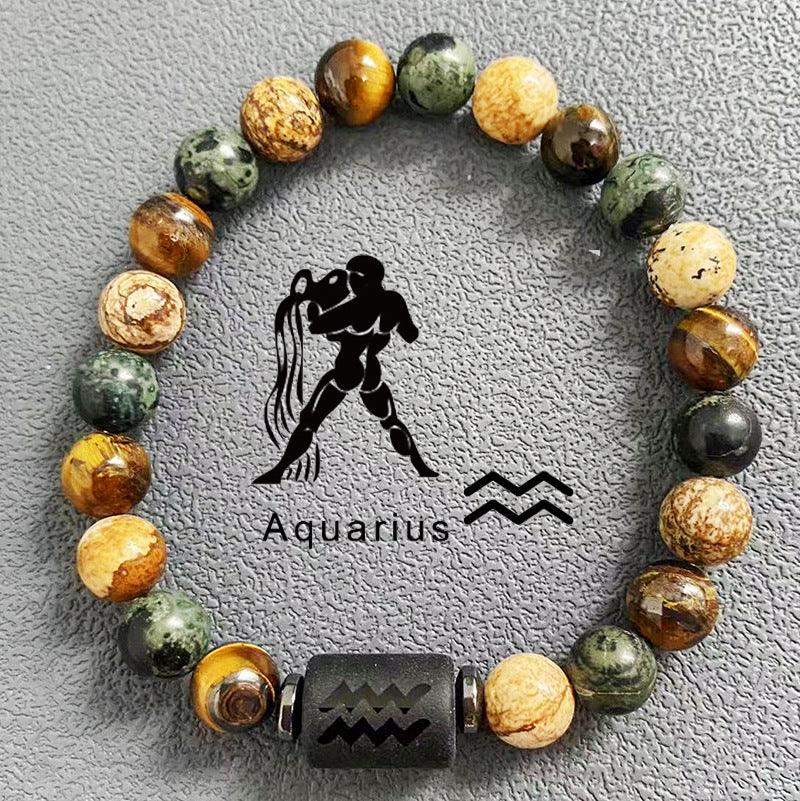 Natural obsidian, fire element, earth element in FengShui, twelve Constellations theme bracelet, Tiger Eye stone, beaded bracelet - Oriental Culture Shop