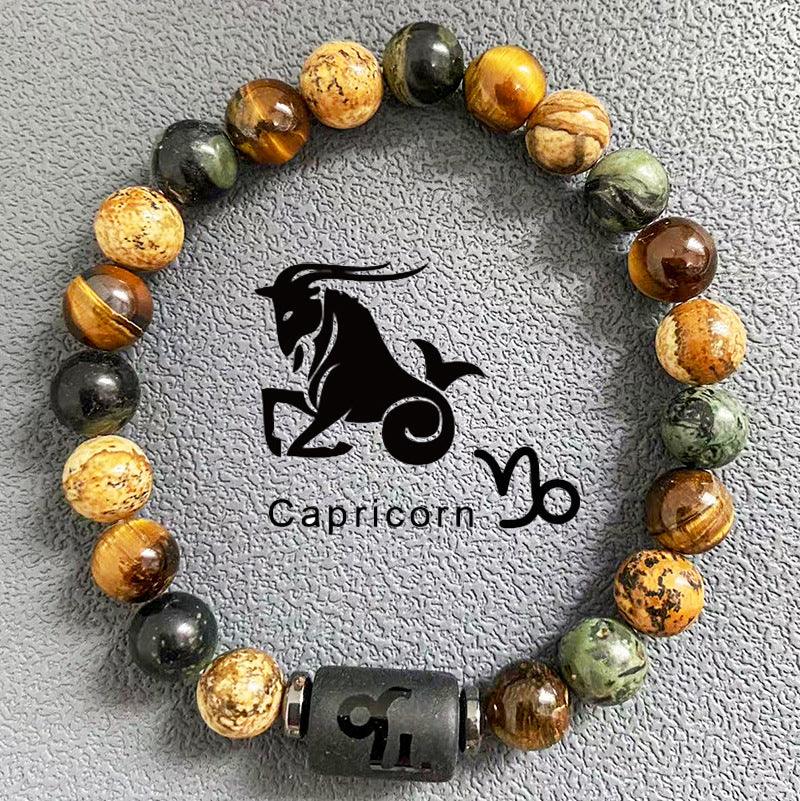 Natural obsidian, fire element, earth element in FengShui, twelve Constellations theme bracelet, Tiger Eye stone, beaded bracelet - Oriental Culture Shop