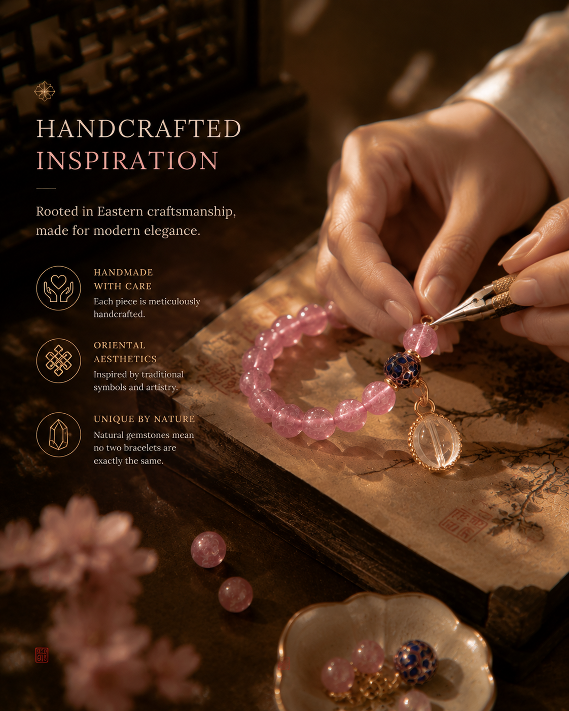 Natural Pink Tourmaline & Clear Quartz Bracelet | Fire Element Inspired Oriental Gemstone Jewelry