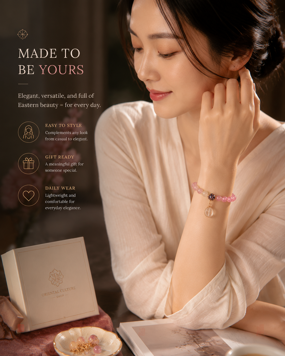 Natural Pink Tourmaline & Clear Quartz Bracelet | Fire Element Inspired Oriental Gemstone Jewelry