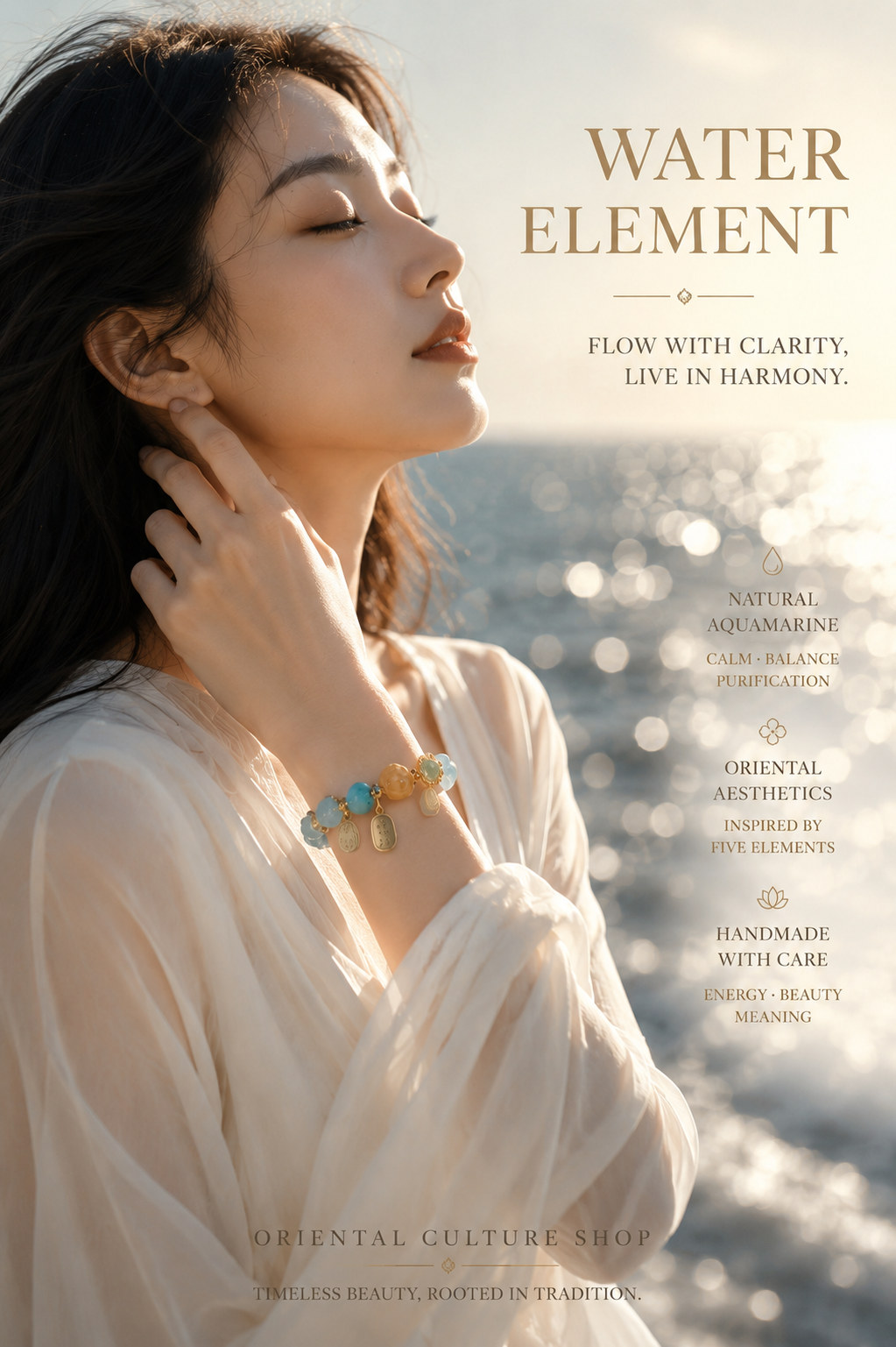 Natural Aquamarine & Four Leaf Clover Bracelet | Water Element Inspired Oriental Gemstone Jewelry