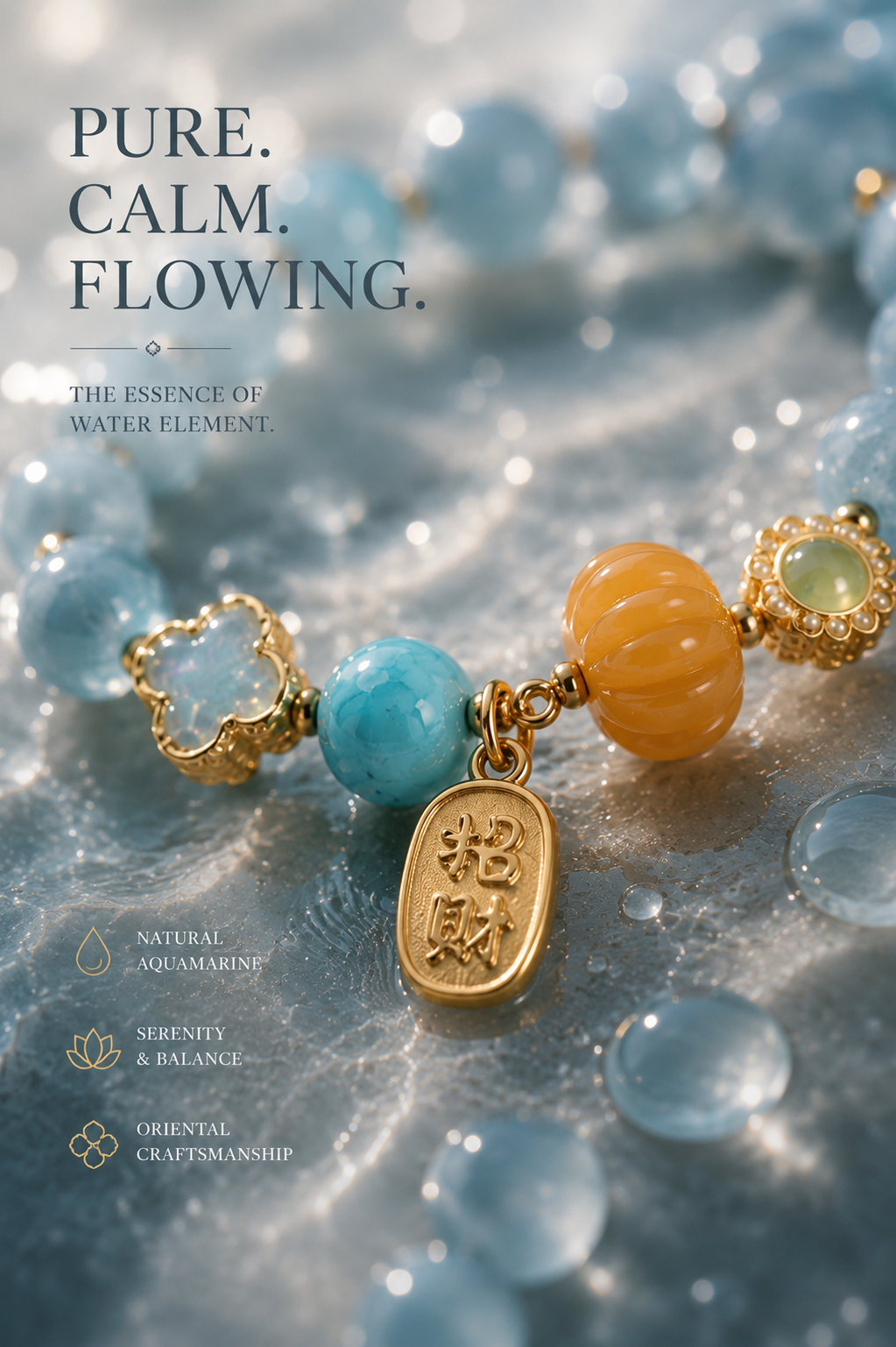 Natural Aquamarine & Four Leaf Clover Bracelet | Water Element Inspired Oriental Gemstone Jewelry
