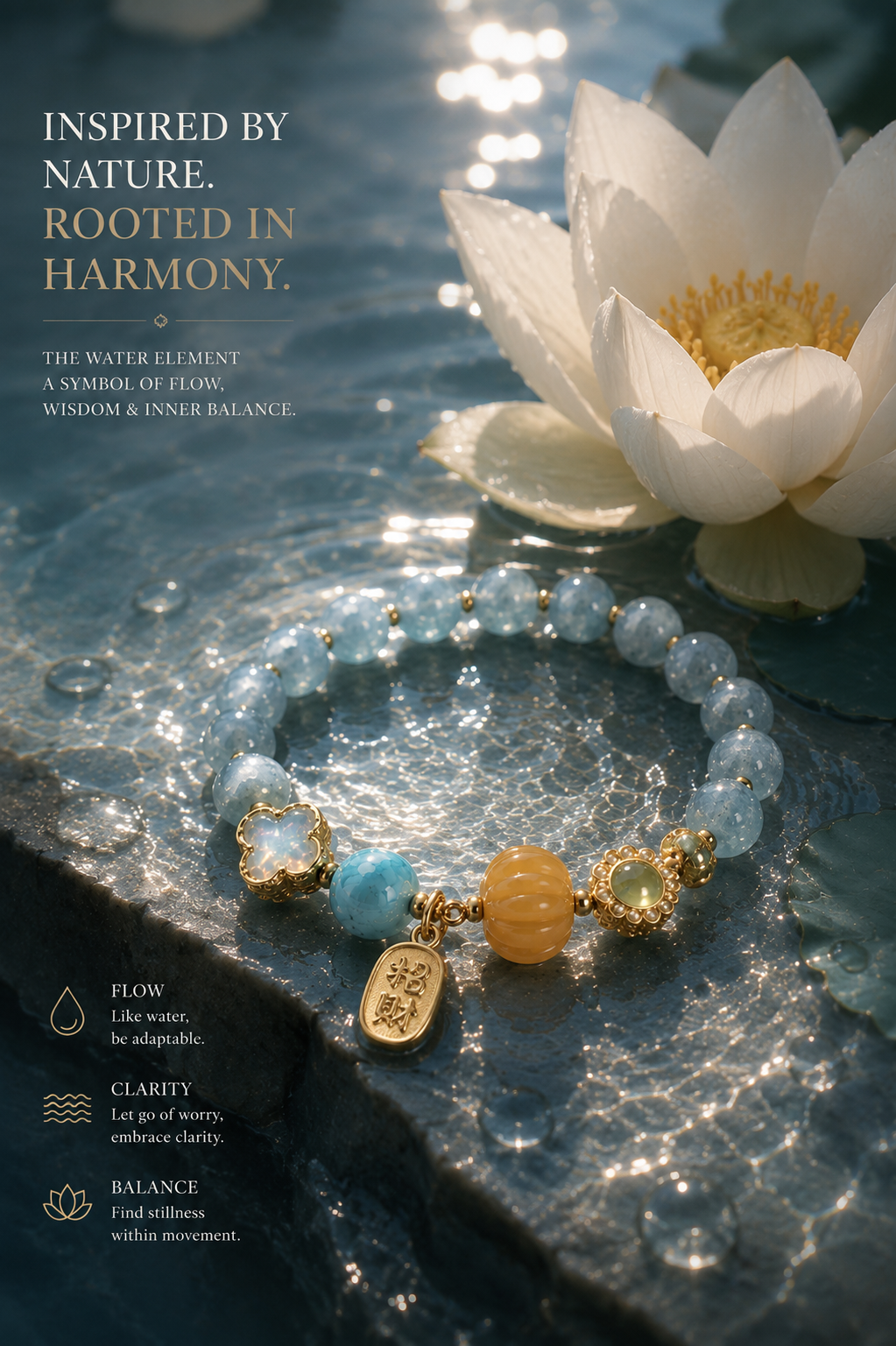 Natural Aquamarine & Four Leaf Clover Bracelet | Water Element Inspired Oriental Gemstone Jewelry