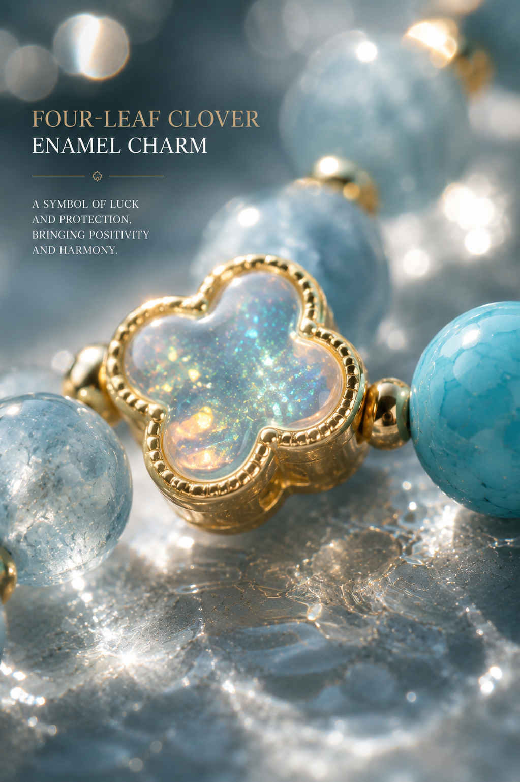 Natural Aquamarine & Four Leaf Clover Bracelet | Water Element Inspired Oriental Gemstone Jewelry