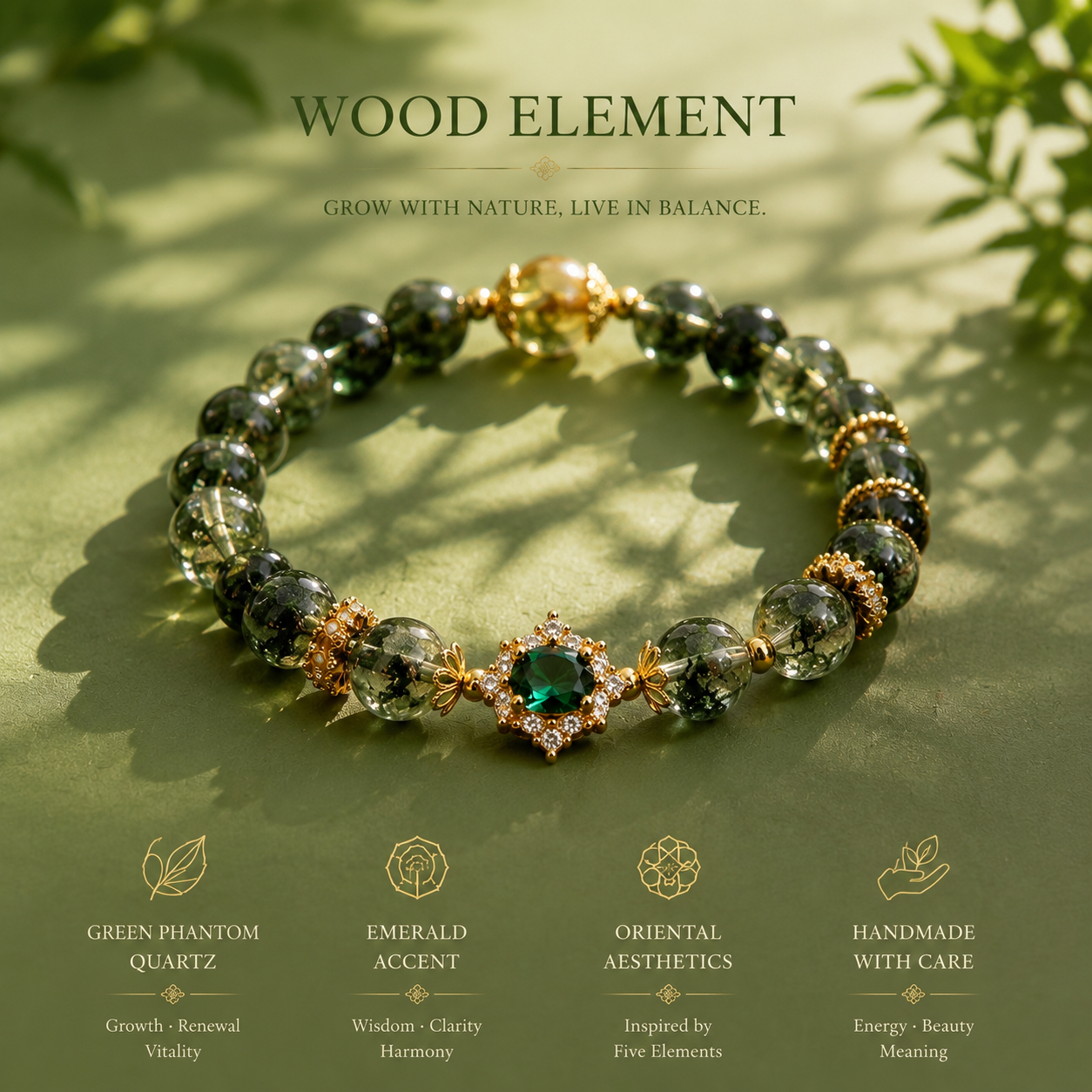 Natural Green Phantom Quartz Bracelet | Wood Element Inspired Oriental Gemstone Jewelry