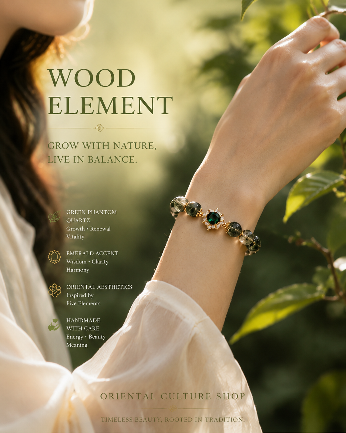 Natural Green Phantom Quartz Bracelet | Wood Element Inspired Oriental Gemstone Jewelry