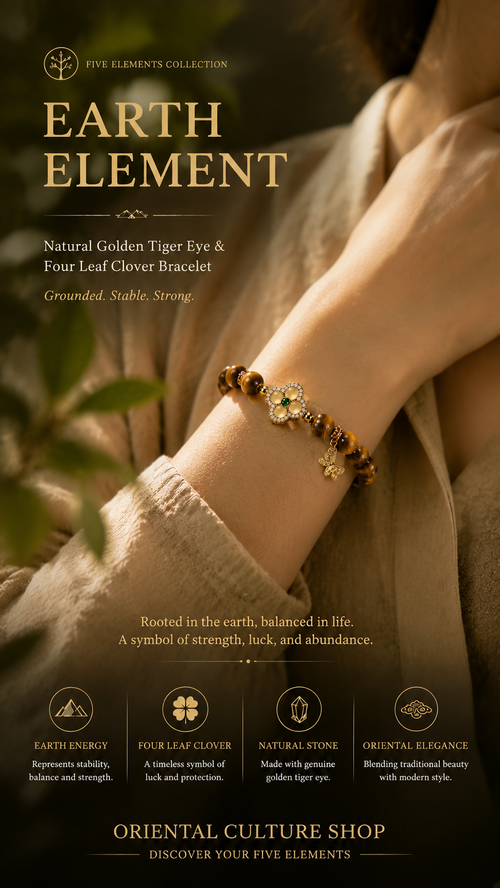 Natural Golden Tiger Eye & Four Leaf Clover Bracelet | Earth Element Inspired Oriental Gemstone Jewelry