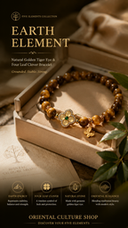 Natural Golden Tiger Eye & Four Leaf Clover Bracelet | Earth Element Inspired Oriental Gemstone Jewelry