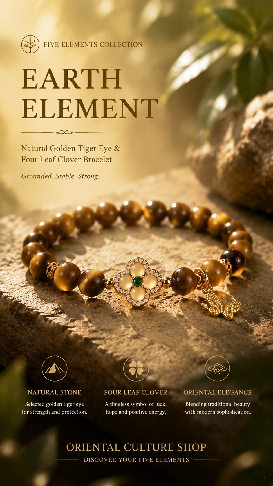 Natural Golden Tiger Eye & Four Leaf Clover Bracelet | Earth Element Inspired Oriental Gemstone Jewelry
