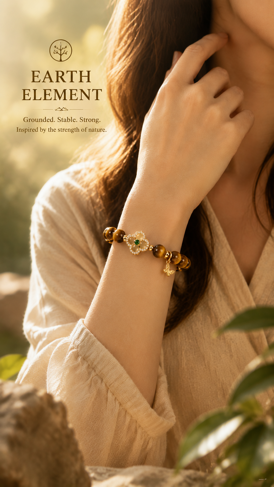 Natural Golden Tiger Eye & Four Leaf Clover Bracelet | Earth Element Inspired Oriental Gemstone Jewelry