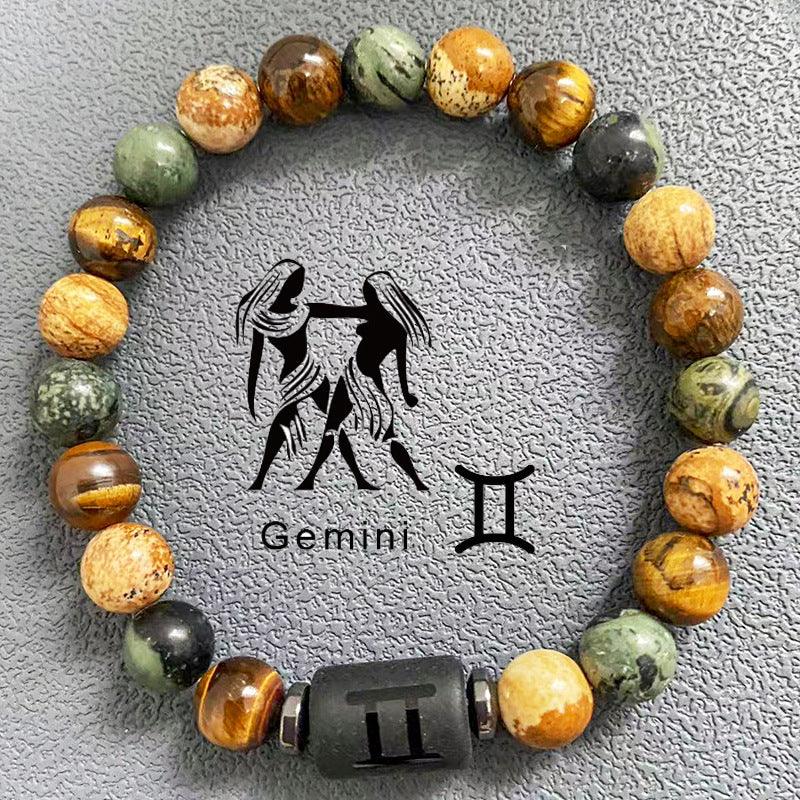 Natural obsidian, fire element, earth element in FengShui, twelve Constellations theme bracelet, Tiger Eye stone, beaded bracelet - Oriental Culture Shop