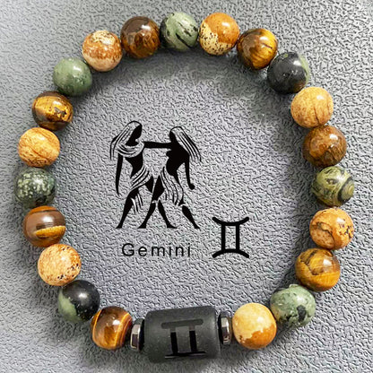 Natural obsidian, fire element, earth element in FengShui, twelve Constellations theme bracelet, Tiger Eye stone, beaded bracelet Oriental Culture Shop