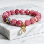 Pink tourmaline beaded bracelet with clear quartz charm, Chinese style natural stone jewelry