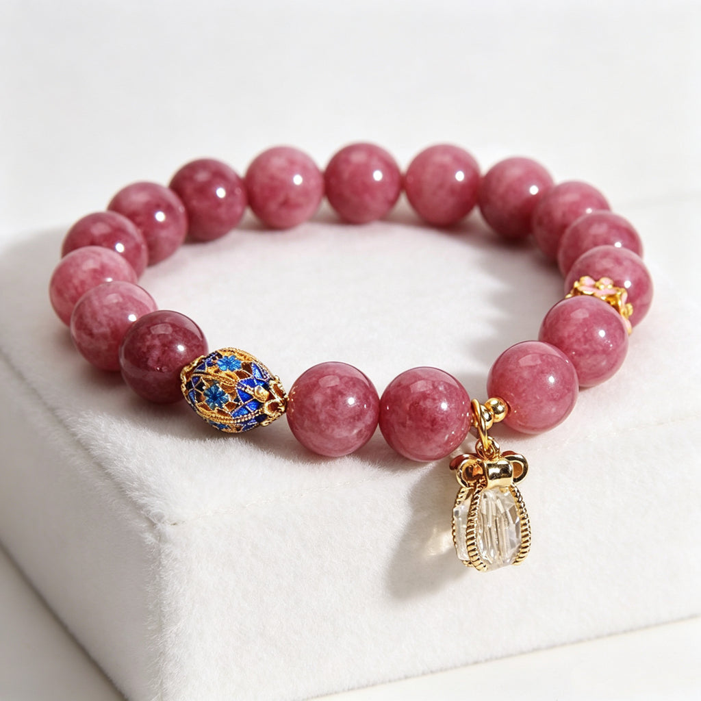 Side view of pink tourmaline beaded bracelet, elegant Chinese style jewelry for women
