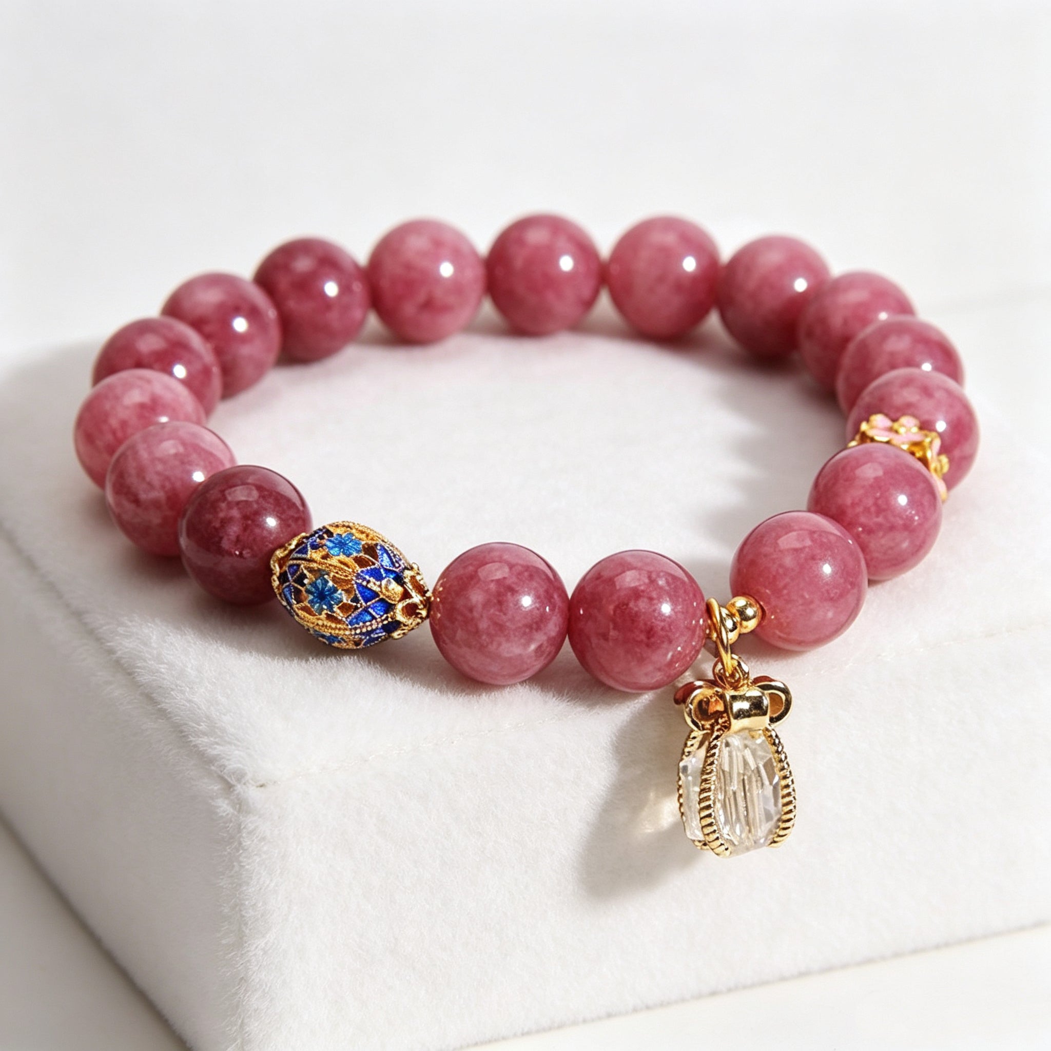 Side view of pink tourmaline beaded bracelet, elegant Chinese style jewelry for women
