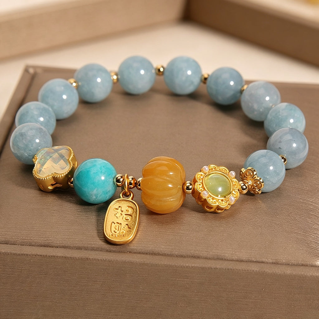 Five Elements Water Aesthetics Aquamarine Bracelet, Handcrafted Natural Blue Crystal Wrist Accessory for Daily Wear & Friendship Gift