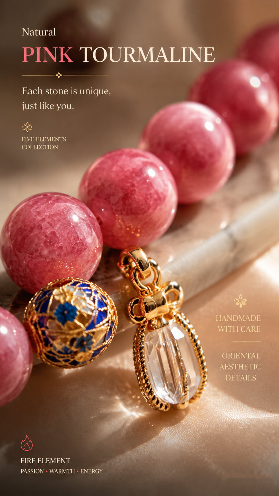 Natural Pink Tourmaline & Clear Quartz Bracelet | Fire Element Inspired Oriental Gemstone Jewelry