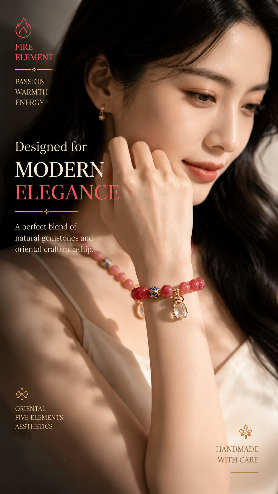 Natural Pink Tourmaline & Clear Quartz Bracelet | Fire Element Inspired Oriental Gemstone Jewelry