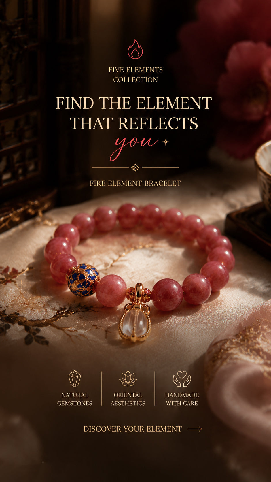 Natural Pink Tourmaline & Clear Quartz Bracelet | Fire Element Inspired Oriental Gemstone Jewelry