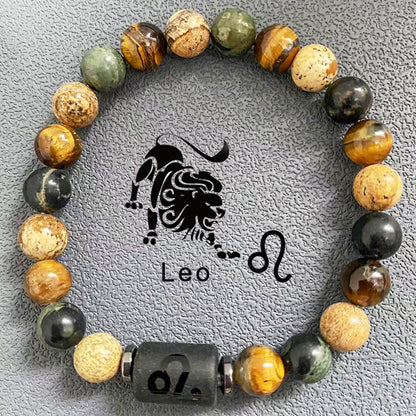 Natural obsidian, fire element, earth element in FengShui, twelve Constellations theme bracelet, Tiger Eye stone, beaded bracelet Oriental Culture Shop