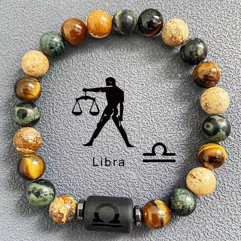 Natural obsidian, fire element, earth element in FengShui, twelve Constellations theme bracelet, Tiger Eye stone, beaded bracelet - Oriental Culture Shop