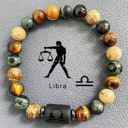 Natural obsidian, fire element, earth element in FengShui, twelve Constellations theme bracelet, Tiger Eye stone, beaded bracelet Oriental Culture Shop