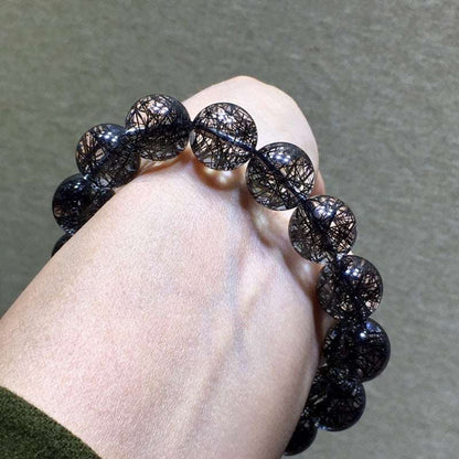 Brazilian Natural Titanium & Black hair Tourmaline Crystal Beaded Bracelet for Men and Women - Single Strand Black Crystal Jewelry - Oriental Culture Shop