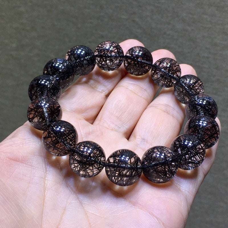 Brazilian Natural Titanium & Black hair Tourmaline Crystal Beaded Bracelet for Men and Women - Single Strand Black Crystal Jewelry - Oriental Culture Shop