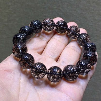 Brazilian Natural Titanium & Black hair Tourmaline Crystal Beaded Bracelet for Men and Women - Single Strand Black Crystal Jewelry - Oriental Culture Shop