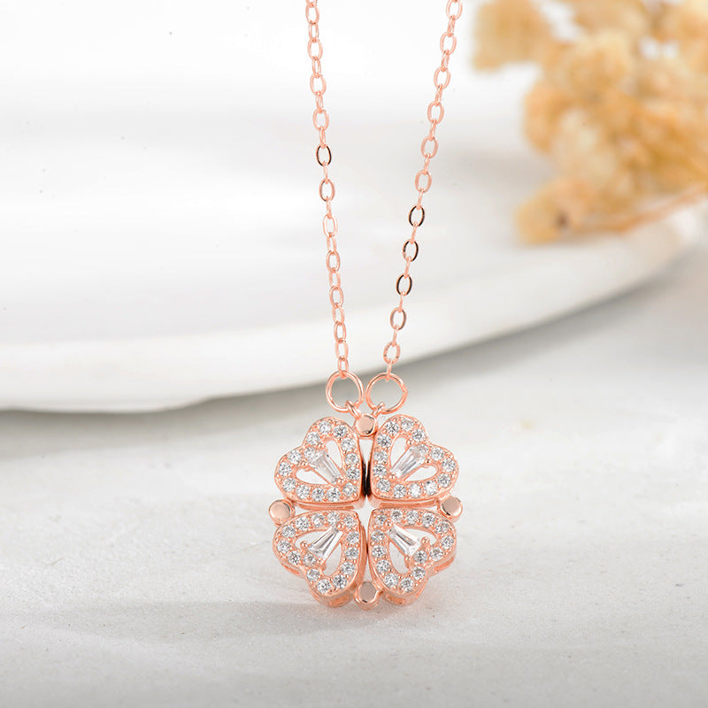 Double-Way Clover & Heart Necklace for girls Women – Convertible Elegance S925 Sterling Silver 🌟