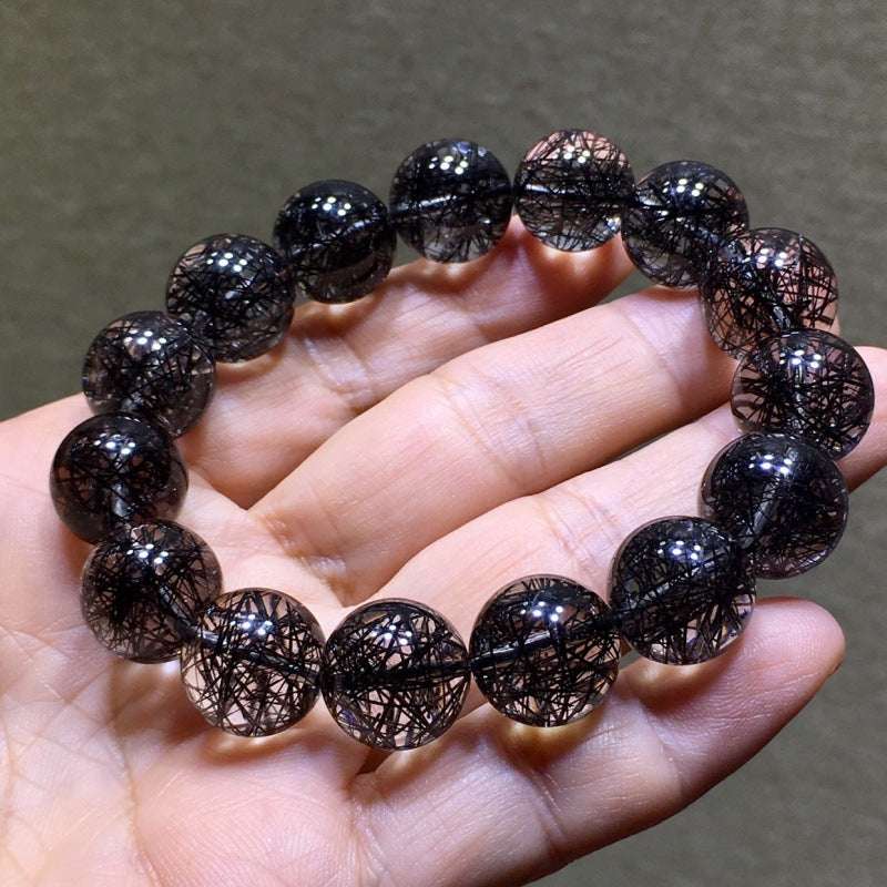 Brazilian Natural Titanium & Black hair Tourmaline Crystal Beaded Bracelet for Men and Women - Single Strand Black Crystal Jewelry - Oriental Culture Shop