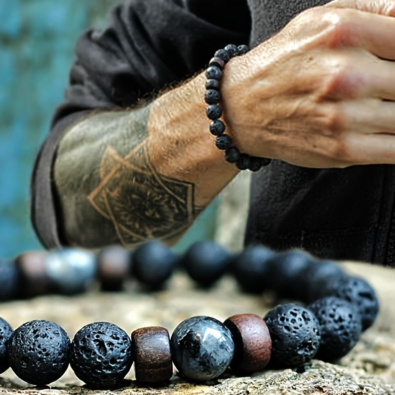 Fashion volcanic stone wood beads men's handmade bracelet, fire and earth elements Oriental Culture Shop