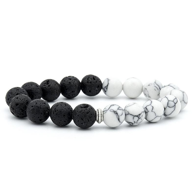 Handmade beaded high stretch black and white couple natural volcanic stone bracelet - Oriental Culture Shop