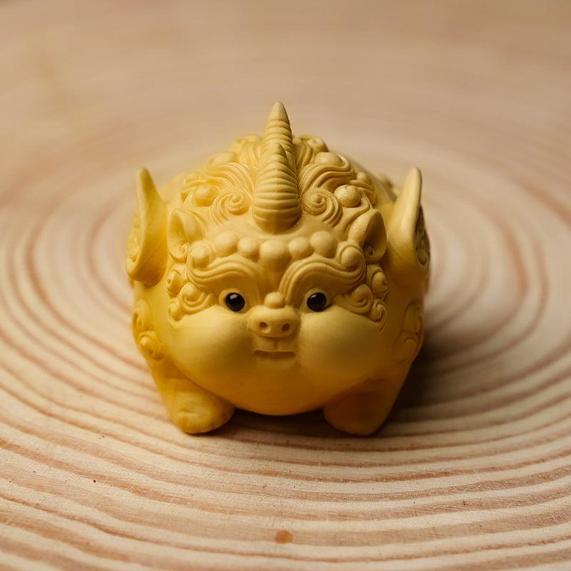 Boxwood carving lovely Pixiu hand piece living room office desktop home furnishings - Pixiu, the mythical animal that attracts wealth - Oriental Culture Shop