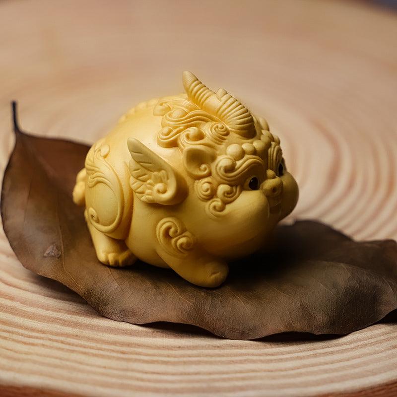 Boxwood carving lovely Pixiu hand piece living room office desktop home furnishings - Pixiu, the mythical animal that attracts wealth - Oriental Culture Shop