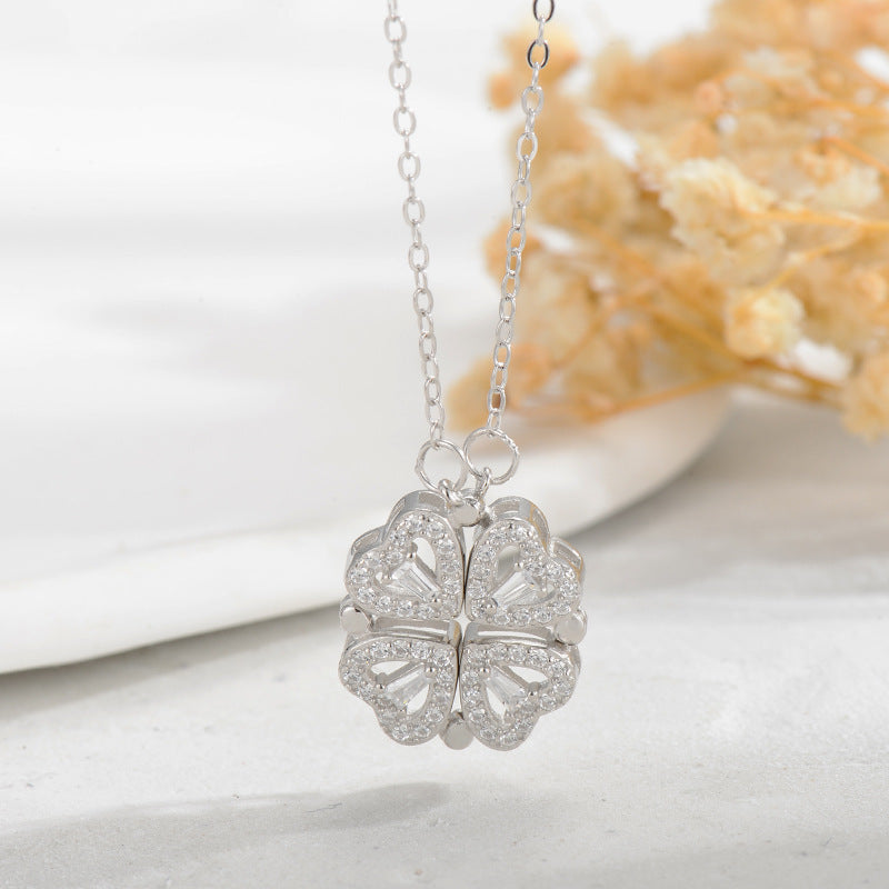 Double-Way Clover & Heart Necklace for girls Women – Convertible Elegance S925 Sterling Silver 🌟