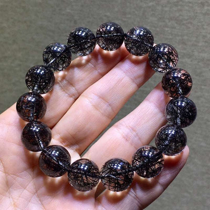 Brazilian Natural Titanium & Black hair Tourmaline Crystal Beaded Bracelet for Men and Women - Single Strand Black Crystal Jewelry - Oriental Culture Shop