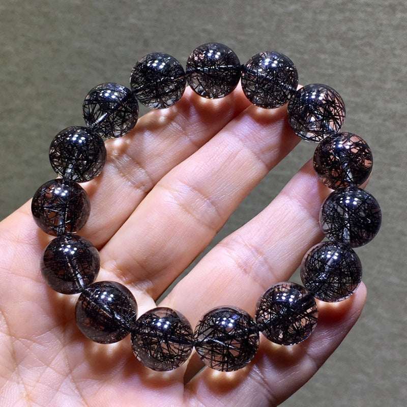 Brazilian Natural Titanium & Black hair Tourmaline Crystal Beaded Bracelet for Men and Women - Single Strand Black Crystal Jewelry - Oriental Culture Shop