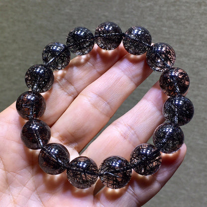 Brazilian Natural Titanium & Black hair Tourmaline Crystal Beaded Bracelet for Men and Women - Single Strand Black Crystal Jewelry