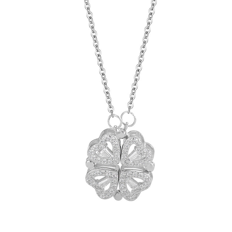 Double-Way Clover & Heart Necklace for girls Women – Convertible Elegance S925 Sterling Silver 🌟