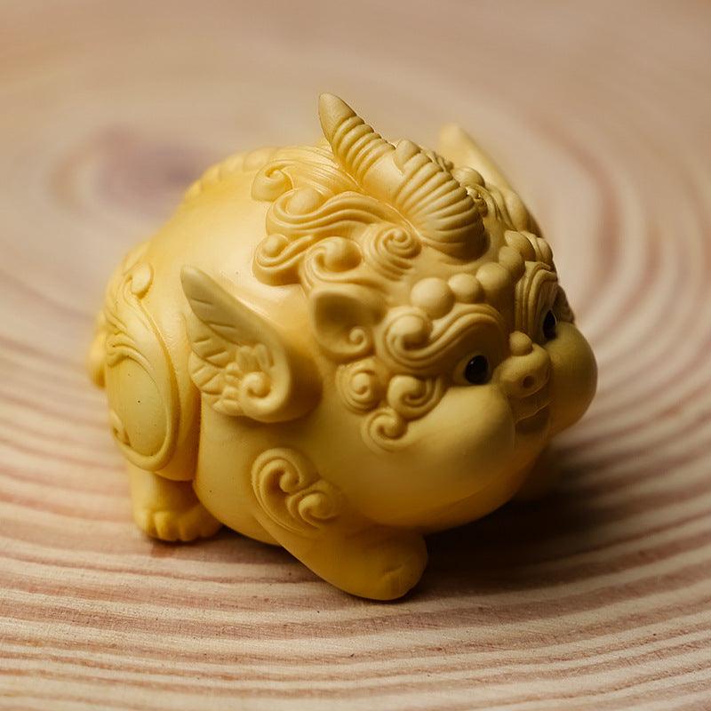 Boxwood carving lovely Pixiu hand piece living room office desktop home furnishings - Pixiu, the mythical animal that attracts wealth - Oriental Culture Shop