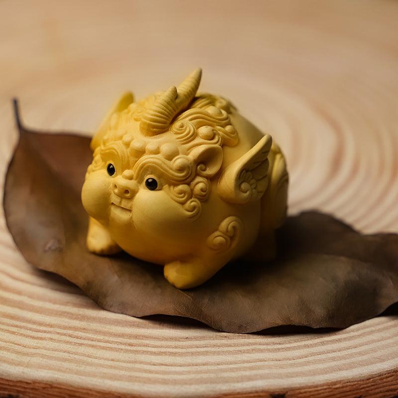 Boxwood carving lovely Pixiu hand piece living room office desktop home furnishings - Pixiu, the mythical animal that attracts wealth - Oriental Culture Shop