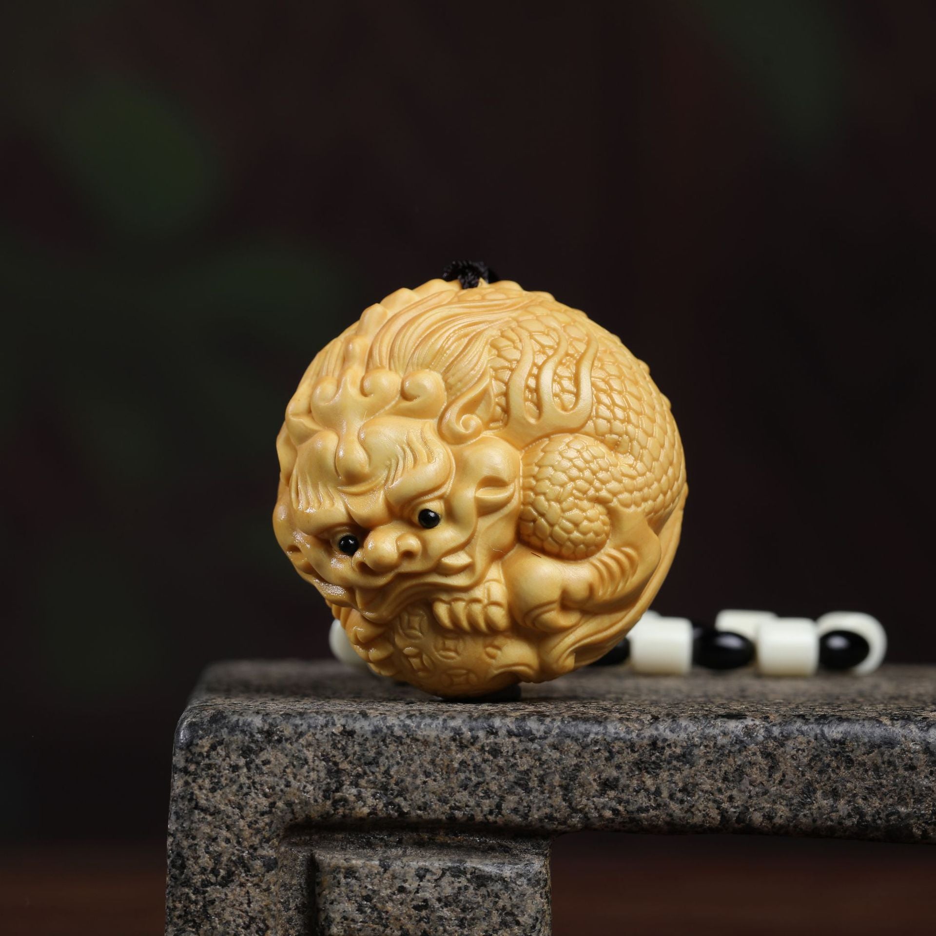 Boxwood carving——The Master gives energy to keep the treasure safe hanging ornaments Oriental Culture Shop